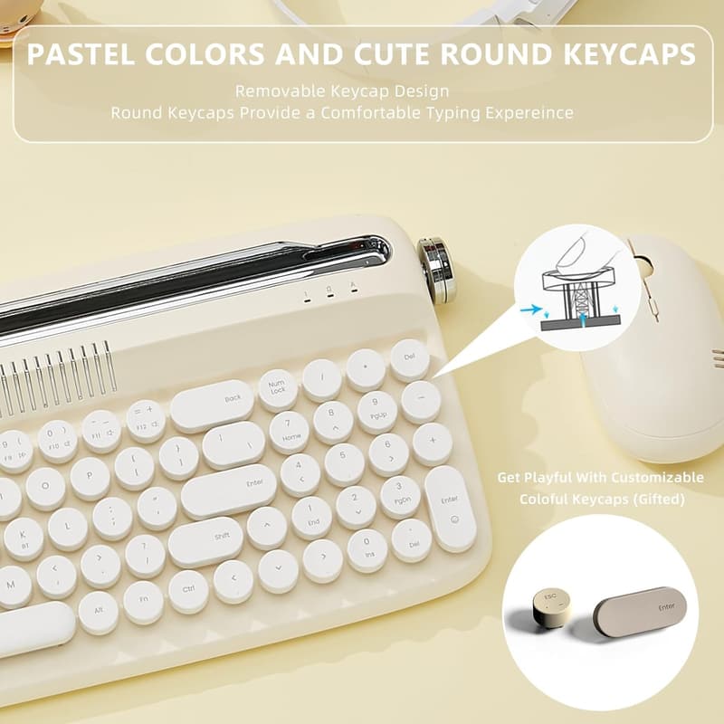 Wireless Retro Typewriter Keyboard with Stand - Bluetooth/USB-C (Ivory Butter)