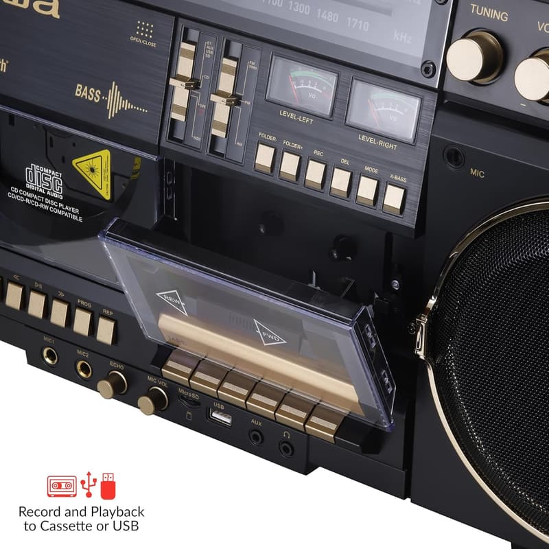 Retro Boombox CD Player with Bluetooth, Cassette Recording & Radio