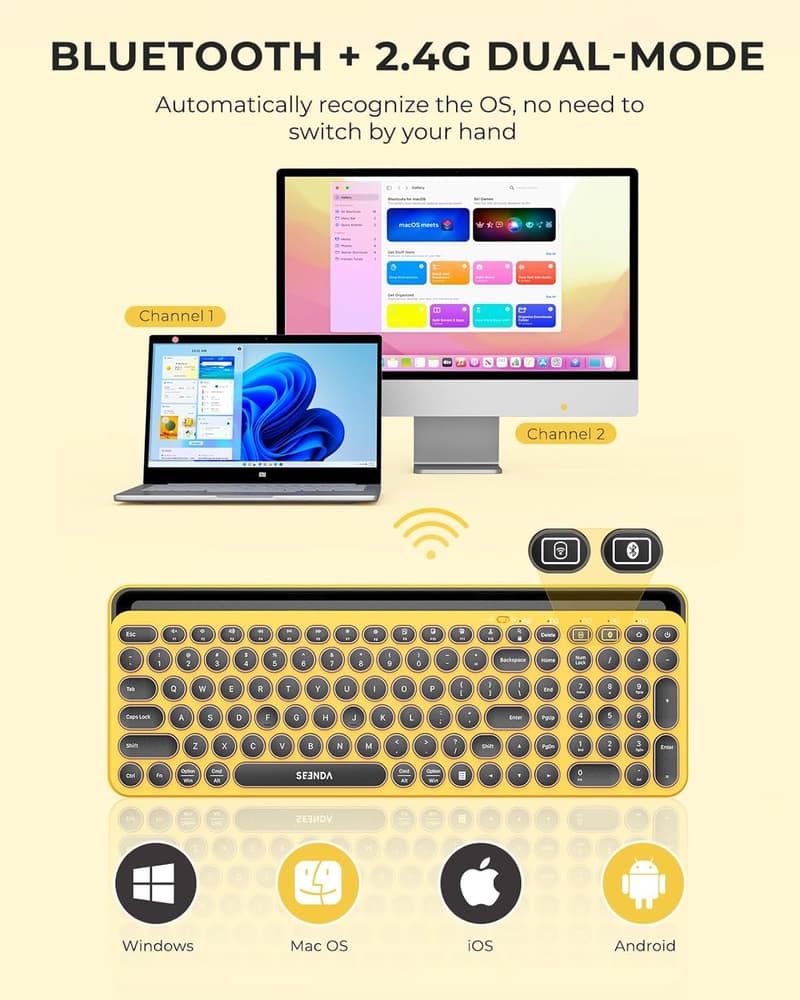 Cute Wireless Bluetooth Typewriter Keyboard with Stand - Yellow