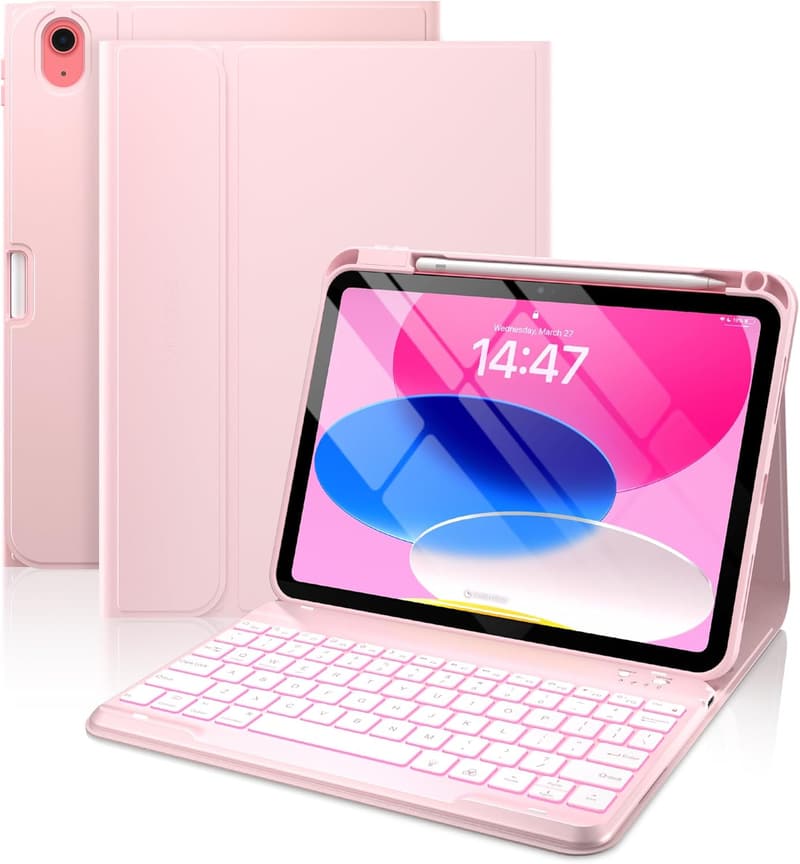 iPad Folio Keyboard Case with 7-Color Backlight – Light Pink