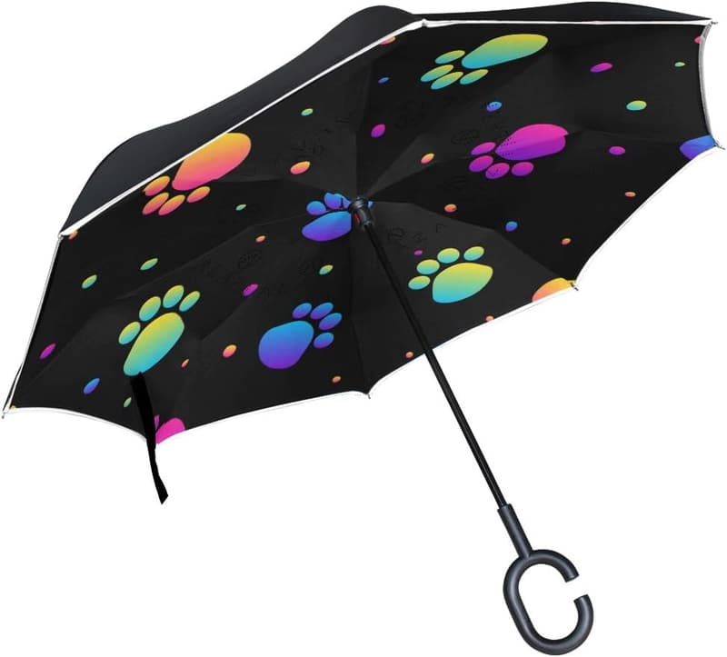 Inverted Rainbow Dog Paw Print Windproof Umbrella with C Handle