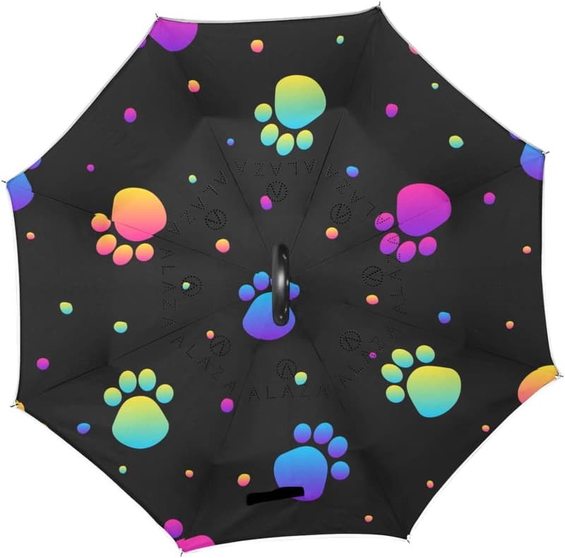 Inverted Rainbow Dog Paw Print Windproof Umbrella with C Handle