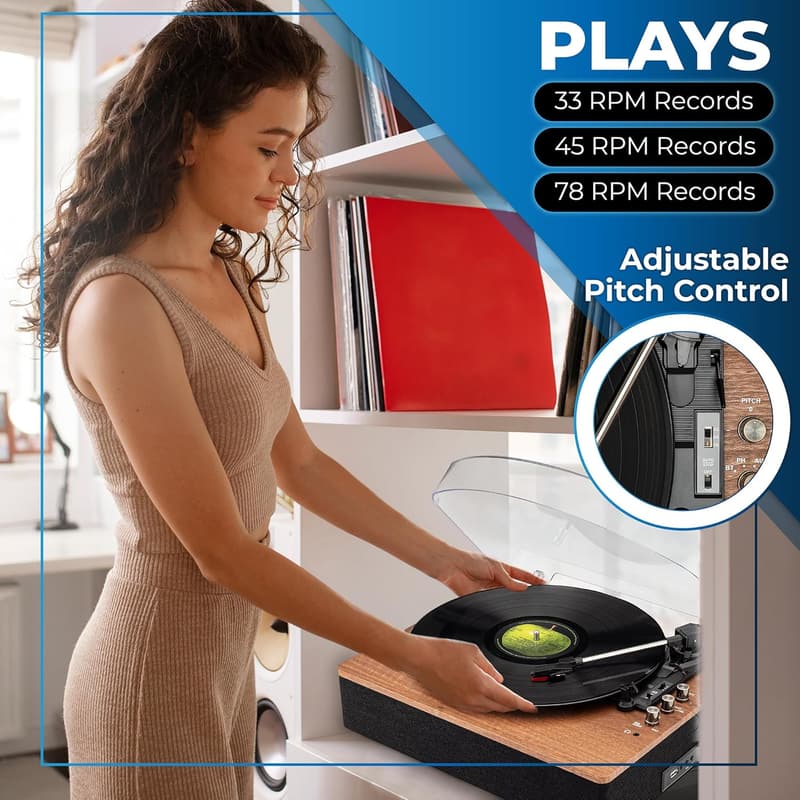 Retro Wooden Turntable with Bluetooth & USB Playback
