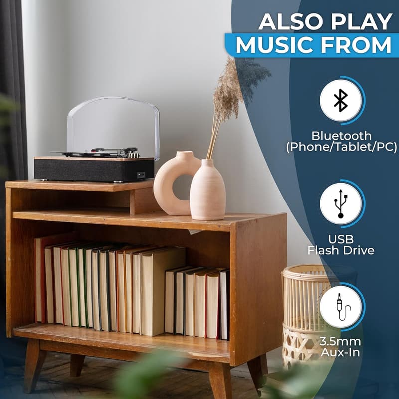 Retro Wooden Turntable with Bluetooth & USB Playback