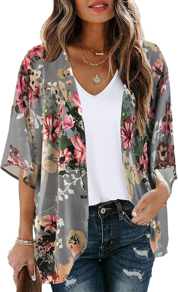 Floral Print Puff Sleeve Kimono Cardigan for Women