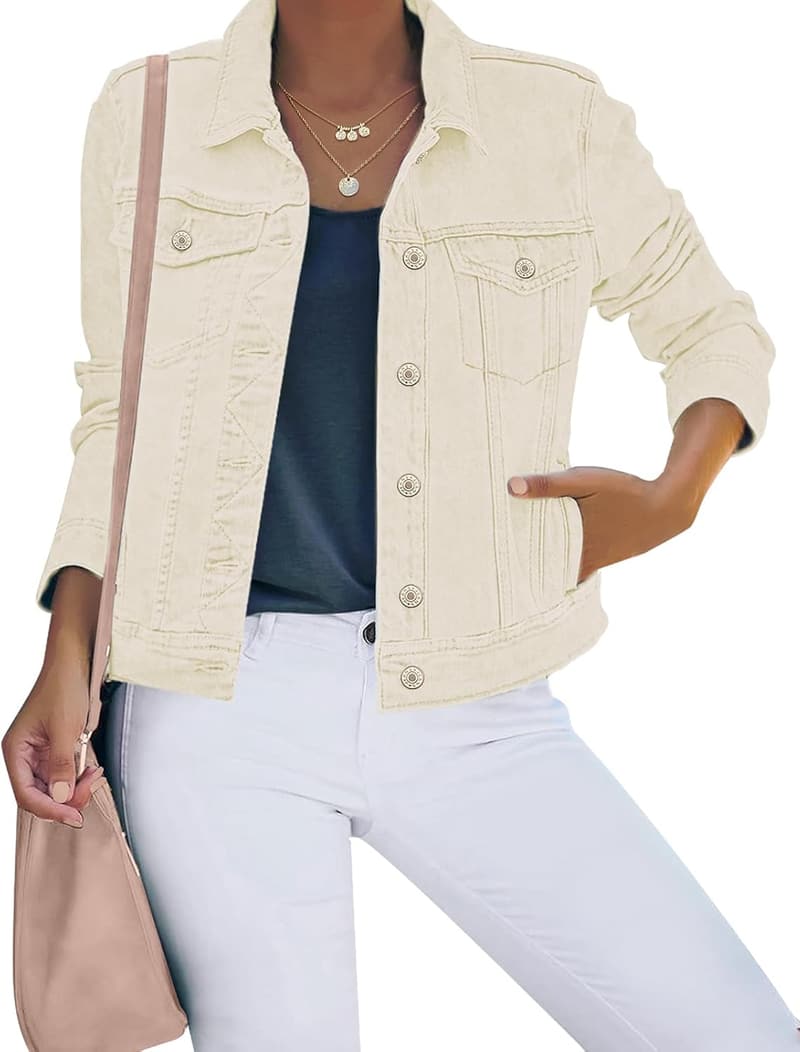 Women's Stretch Denim Jacket with Button Down and Long Sleeves