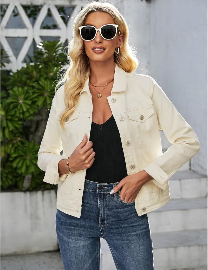 Women's Stretch Denim Jacket with Button Down and Long Sleeves