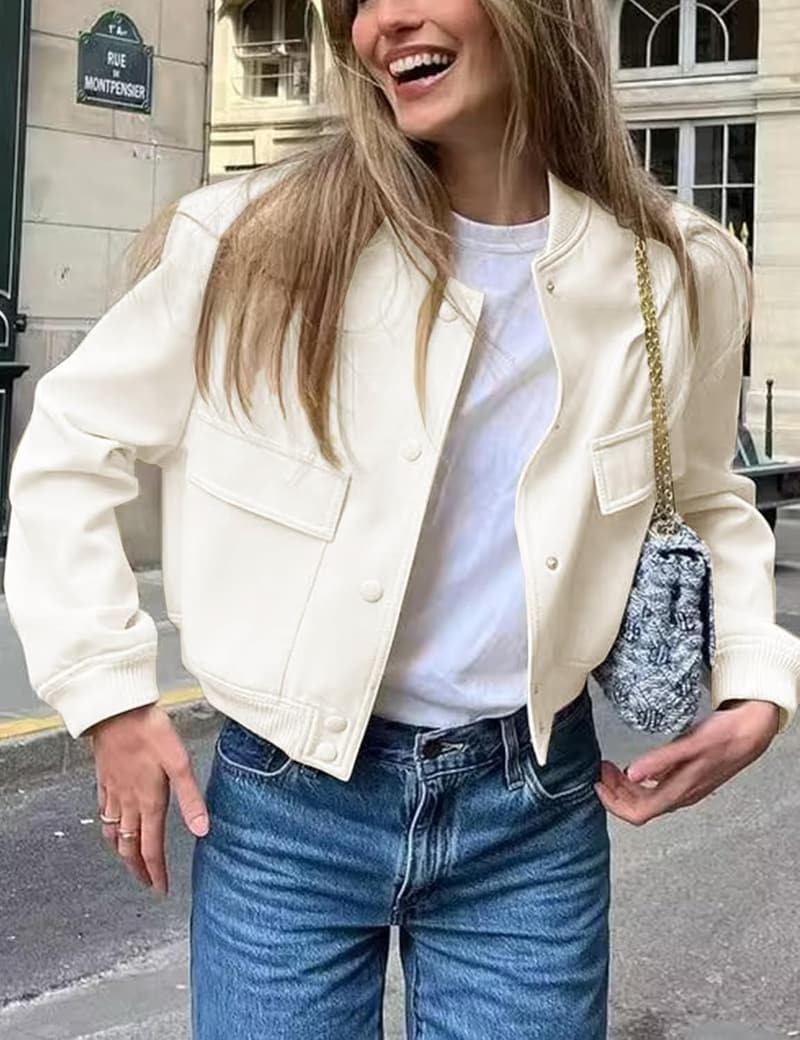 Women's Cropped Varsity Bomber Jacket with Pockets