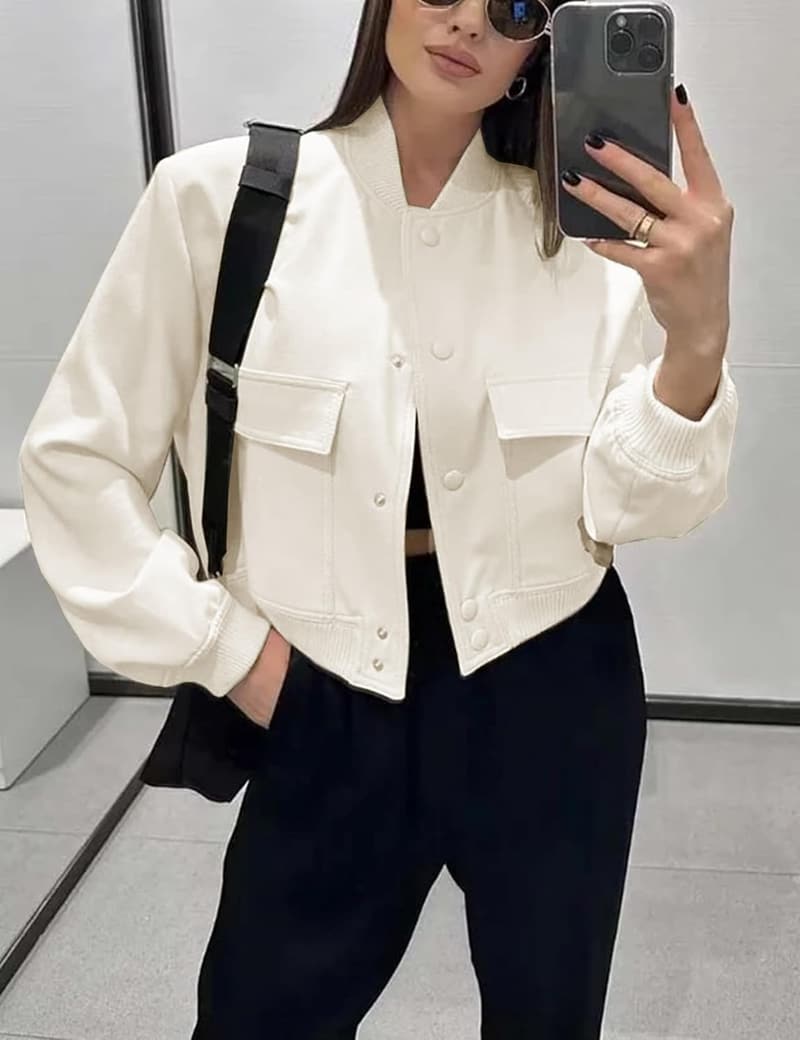 Women's Cropped Varsity Bomber Jacket with Pockets