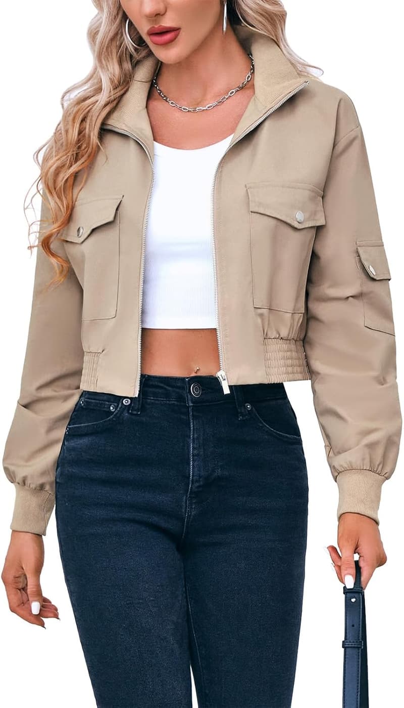 Lightweight Women's Cropped Bomber Jacket with Pockets