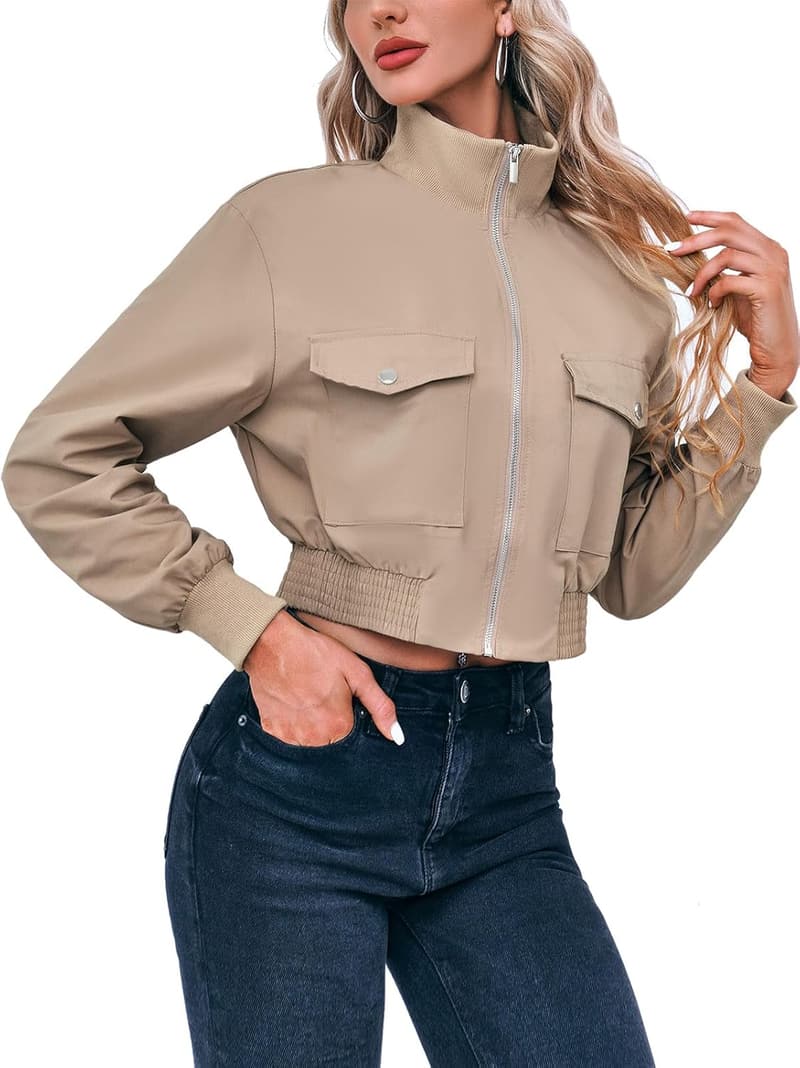 Lightweight Women's Cropped Bomber Jacket with Pockets