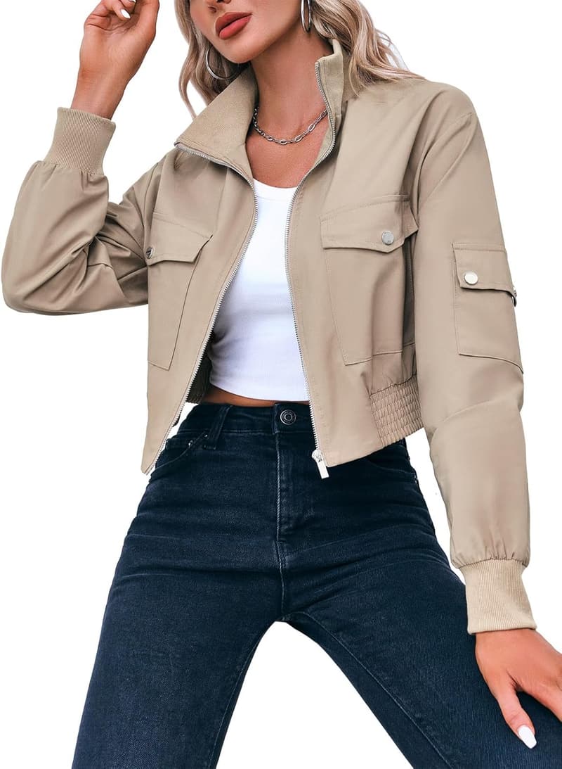Lightweight Women's Cropped Bomber Jacket with Pockets