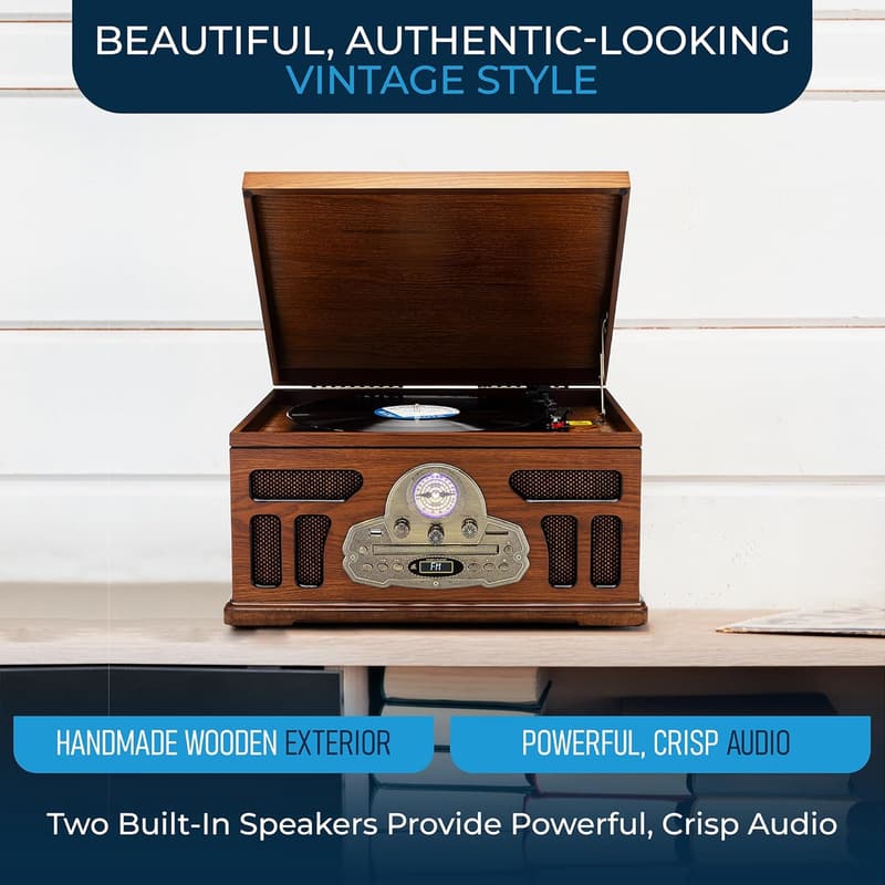 All-in-One Bluetooth Turntable with Handmade Wooden Exterior