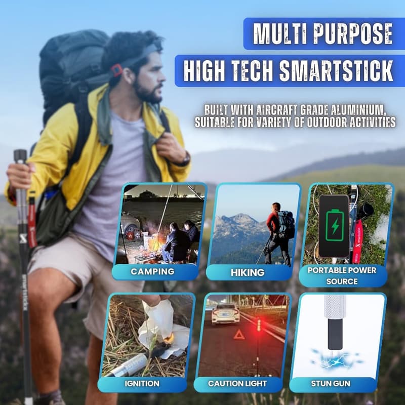 Tactical Walking Stick with Stun Gun & LED Light for Outdoor Adventures