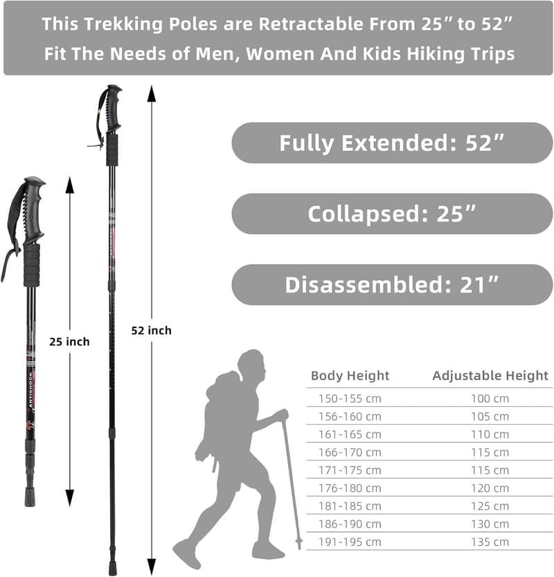 Adjustable Lightweight Hiking Poles with Anti-Shock - 2 Pack