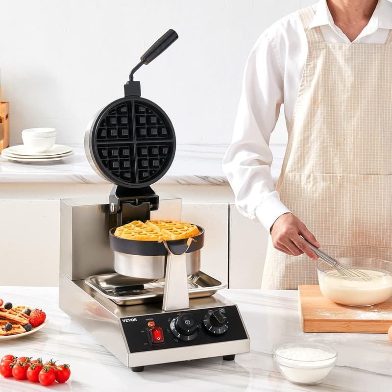 Commercial Non-Stick Round Waffle Maker with Temperature Control