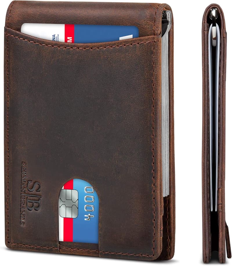 Genuine Leather Slim Bifold Wallet for Men with Money Clip