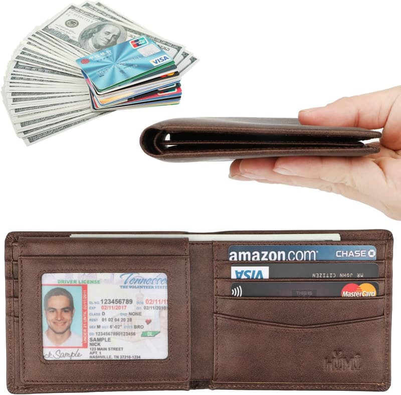 Genuine Leather RFID Bifold Wallet for Men with ID Windows