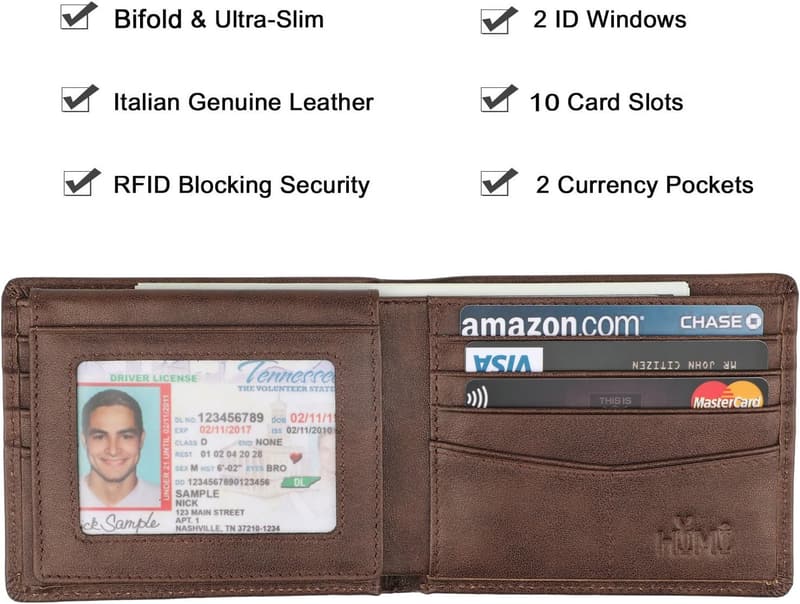 Genuine Leather RFID Bifold Wallet for Men with ID Windows