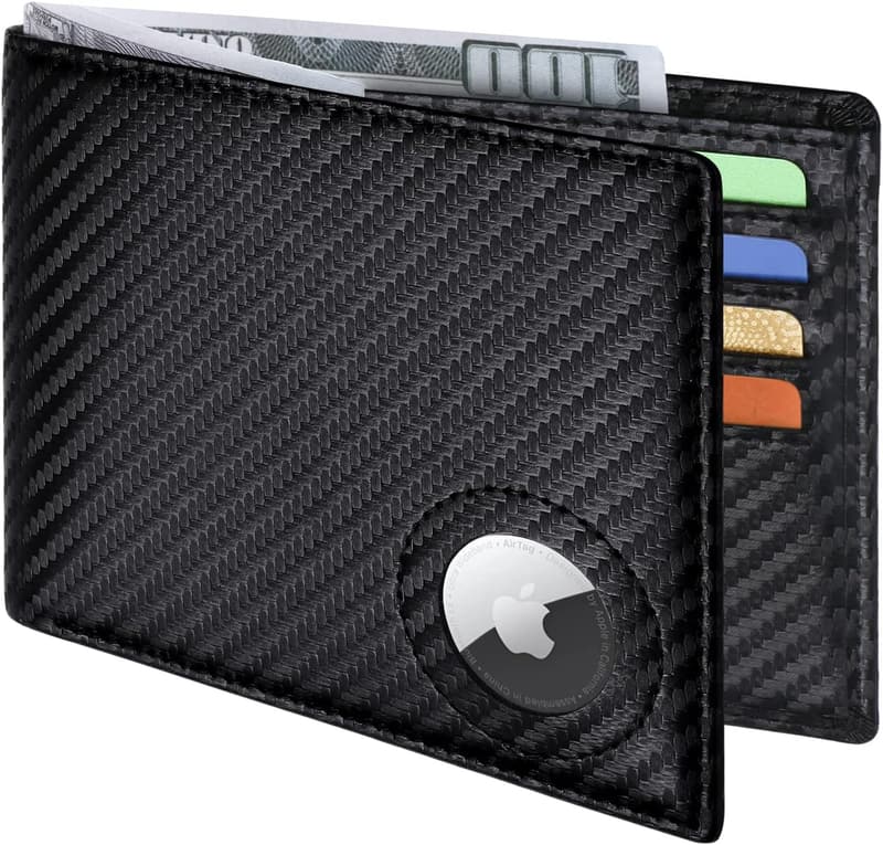 RFID-Blocking Slim Leather Bifold Wallet for Men with Airtag Holder