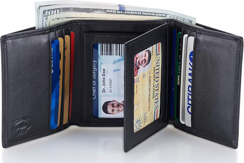 Men's Leather Trifold RFID Wallet with Flip-Out ID Holder