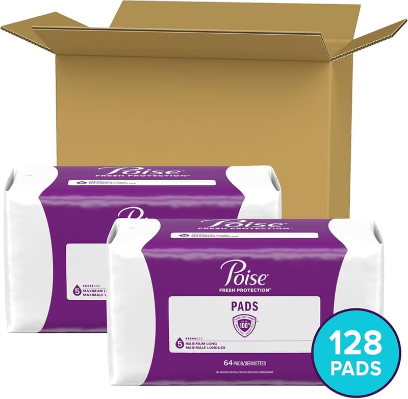 Poise 128 Count Long-Length Incontinence Pads, 5 Drop Absorbency