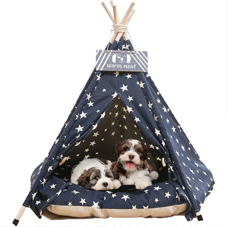 Portable Navy Blue Stars Pet Teepee Tent with Cushion