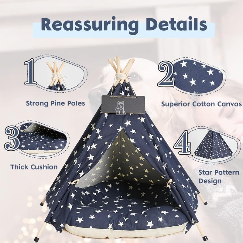 Portable Navy Blue Stars Pet Teepee Tent with Cushion