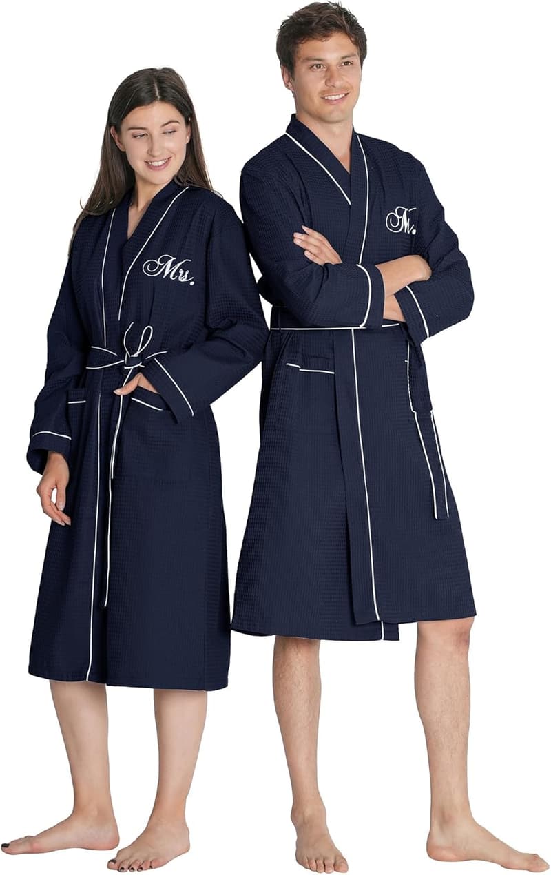 Couples' Embroidered Cotton Waffle Knit Spa Robes
