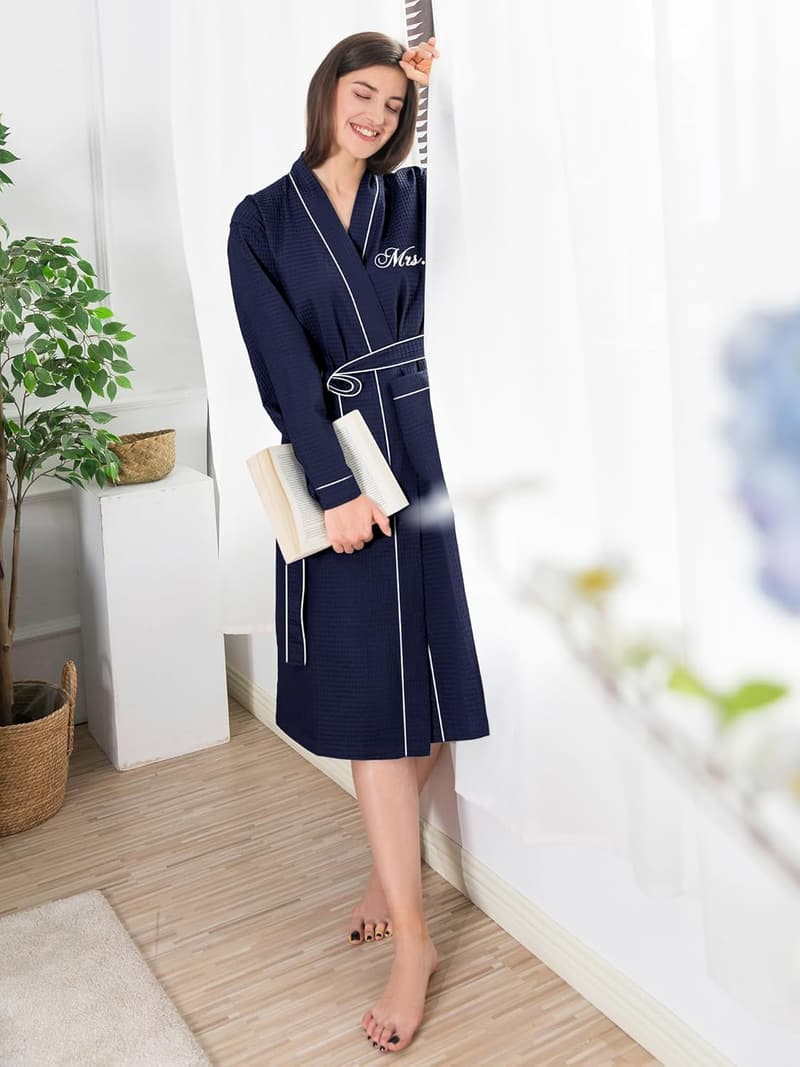 Couples' Embroidered Cotton Waffle Knit Spa Robes