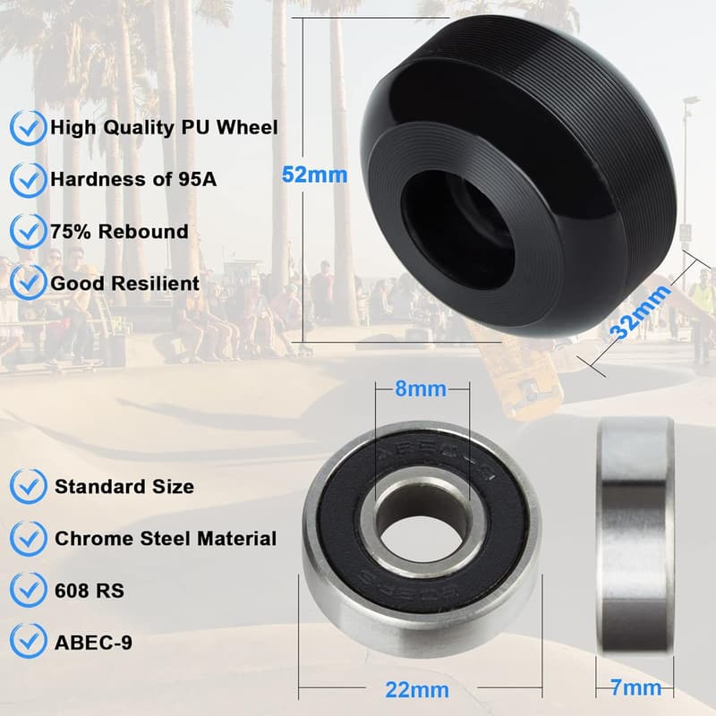 52mm 95A Skateboard Wheels & Bearings Set for Tricks - Pack of 4