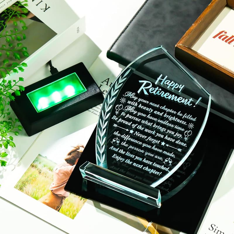 Happy Retirement Crystal Keepsake Plaque with Light Base