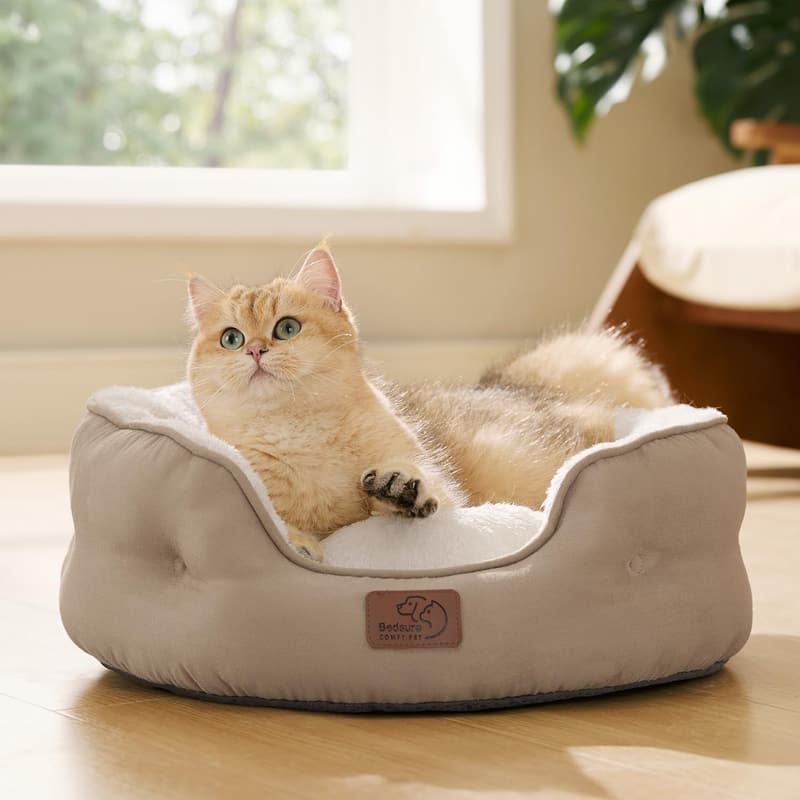 Washable Round Pet Bed for Small Dogs and Cats - 20 Inches, Camel