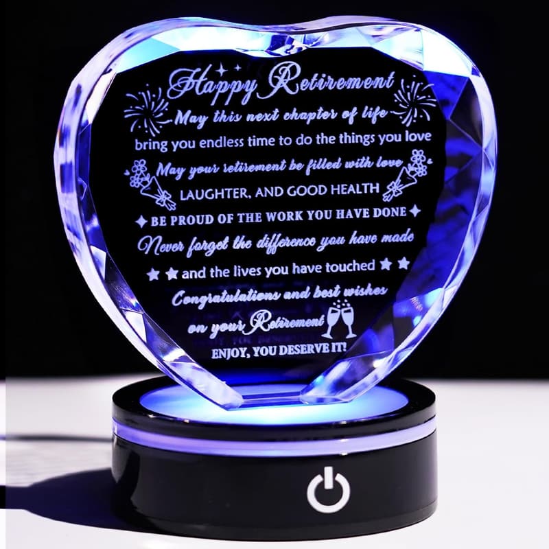 Happy Retirement Crystal Heart Plaque with LED Base for Him/Her