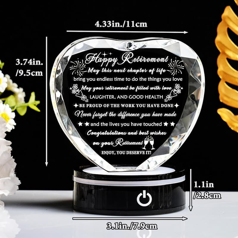 Happy Retirement Crystal Heart Plaque with LED Base for Him/Her