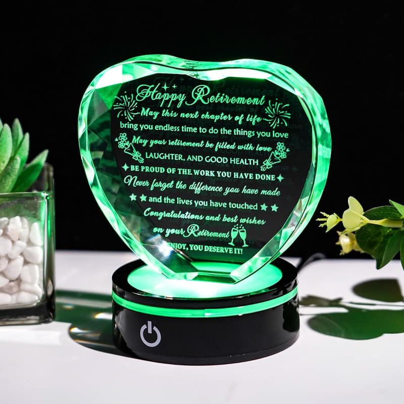 Happy Retirement Crystal Heart Plaque with LED Base for Him/Her