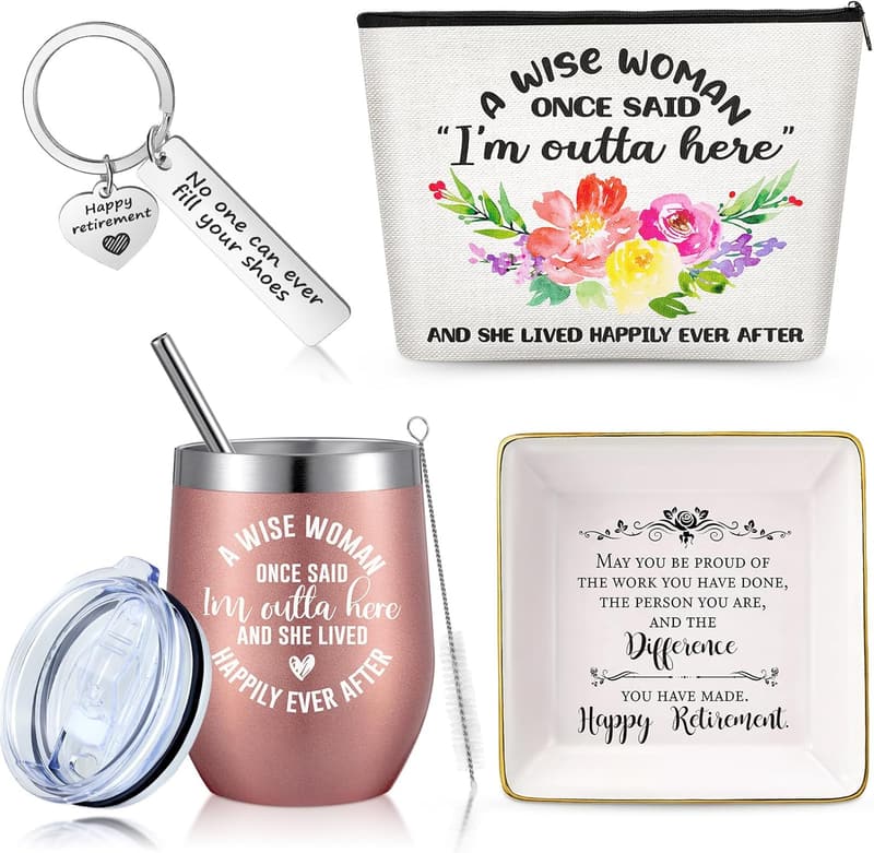 Happy Retirement Gift Set for Women – Tumbler, Jewelry Tray, Makeup Bag, Keychain (Rose Gold)