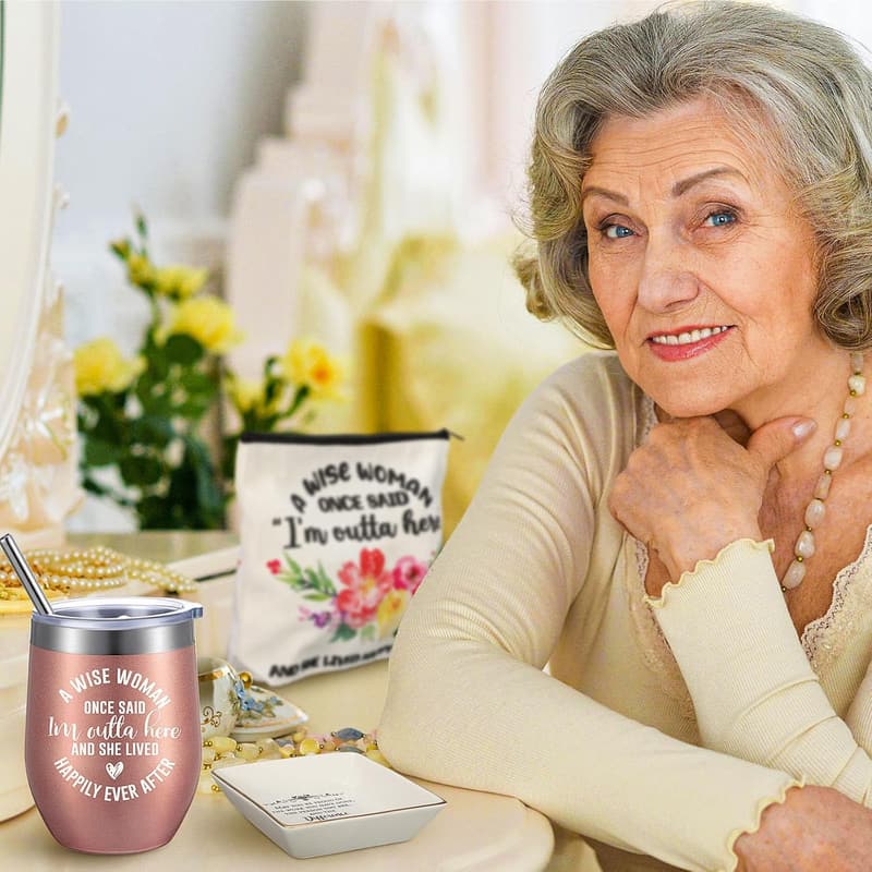 Happy Retirement Gift Set for Women – Tumbler, Jewelry Tray, Makeup Bag, Keychain (Rose Gold)