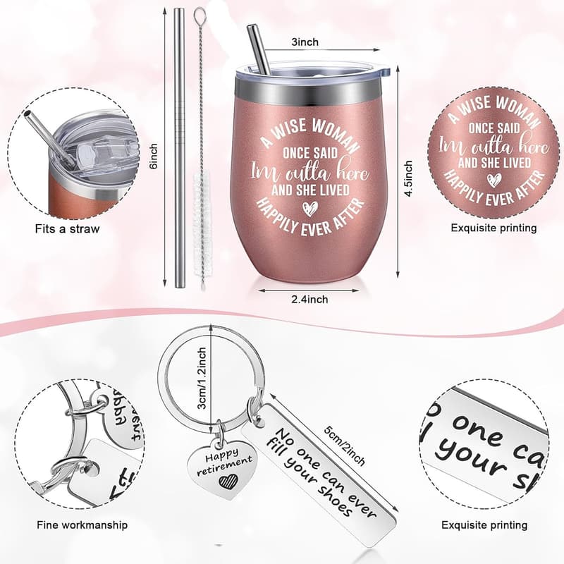 Happy Retirement Gift Set for Women – Tumbler, Jewelry Tray, Makeup Bag, Keychain (Rose Gold)