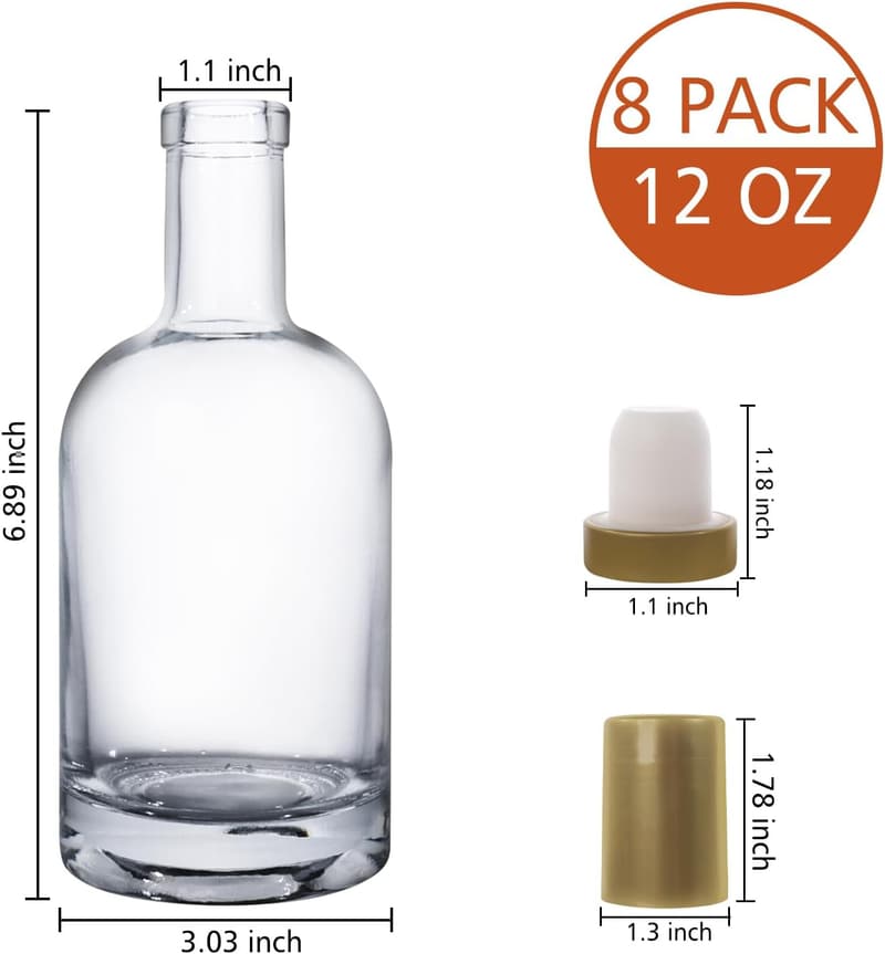 12oz Glass Bottles with Cork Lids - 8 Pack for Drinks & Liquor