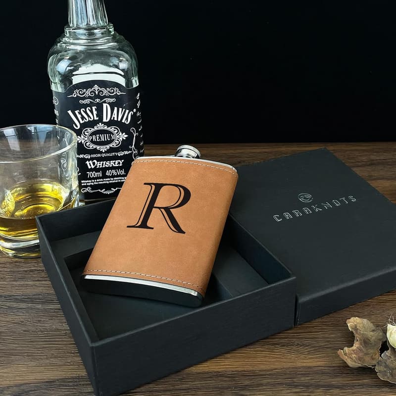 Personalized Leather Hip Flask for Men, Engraved, 8 oz