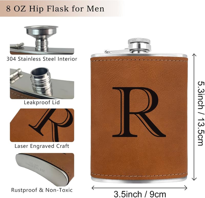 Personalized Leather Hip Flask for Men, Engraved, 8 oz
