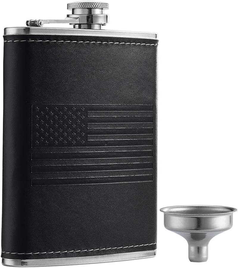 Stainless Steel American Flag Flask with Black PU Leather Cover, 8oz