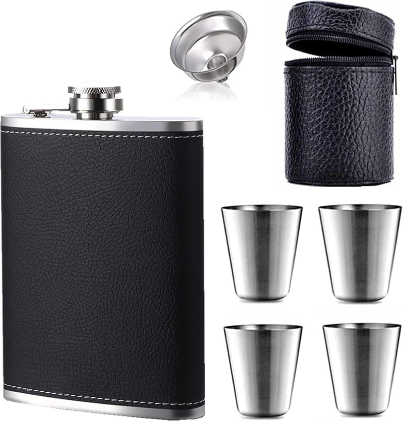 Black Stainless Steel 8oz Whiskey Flask Set for Men