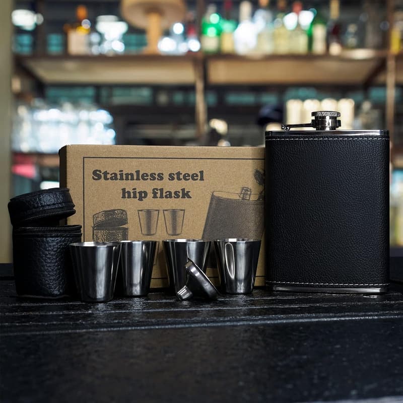 Black Stainless Steel 8oz Whiskey Flask Set for Men