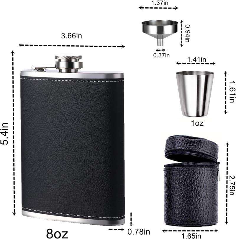 Black Stainless Steel 8oz Whiskey Flask Set for Men