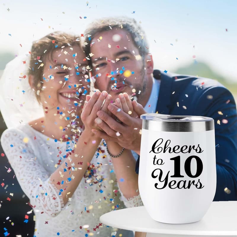 10th Anniversary Tin Wedding Gifts - 2 Pack Wine Tumblers 12 oz