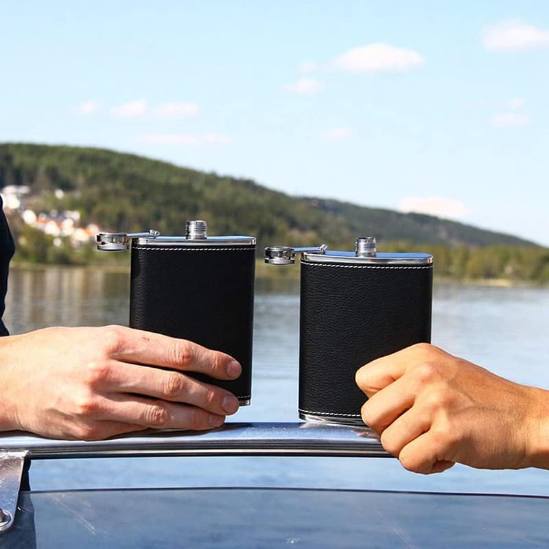 Personalized Black Leather 8 Oz Hip Flask Gift Set