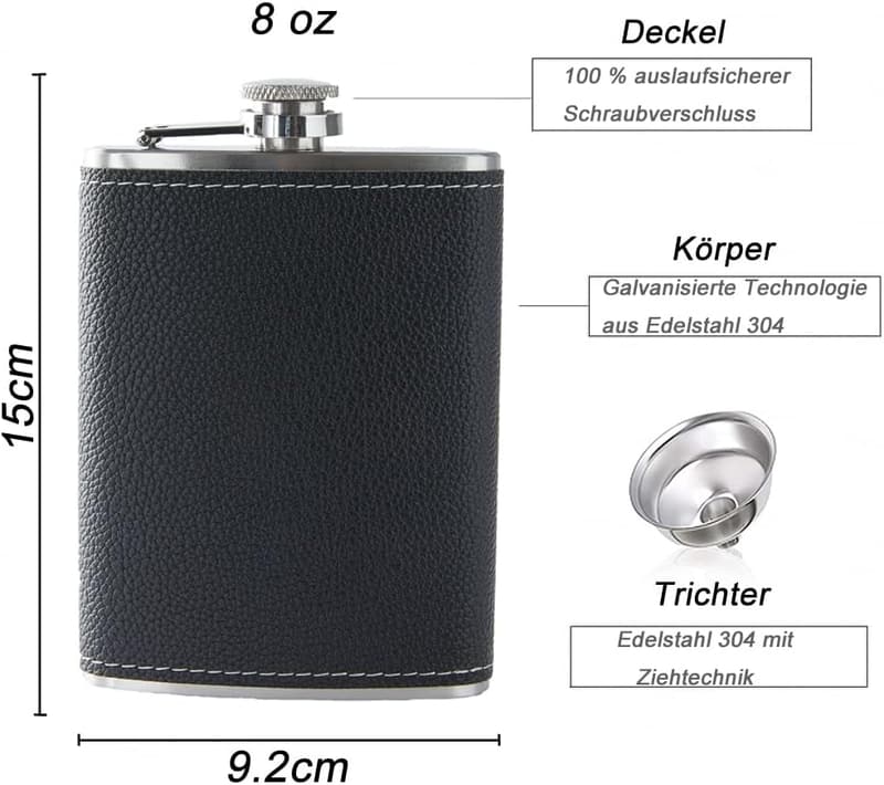 Personalized Black Leather 8 Oz Hip Flask Gift Set
