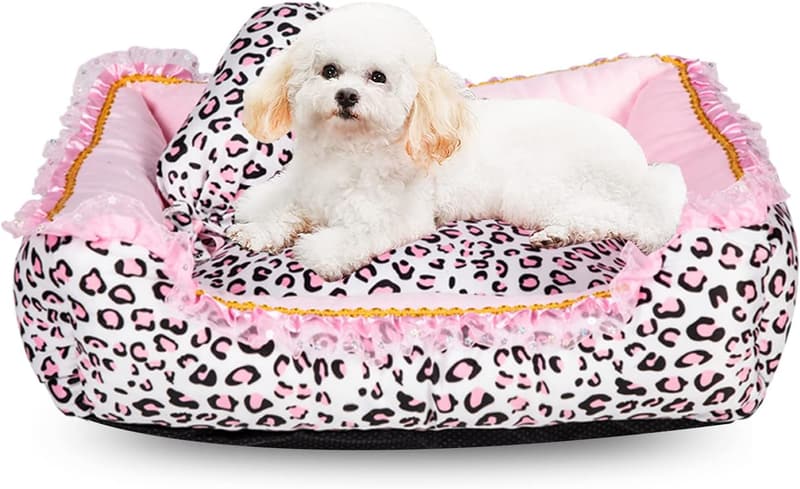 Washable Pink Leopard Dog Bed for Small Pets, Square Design